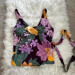 Lands' End Floral Wrap Tankini - Purple & Yellow with built in bra Sz 18D